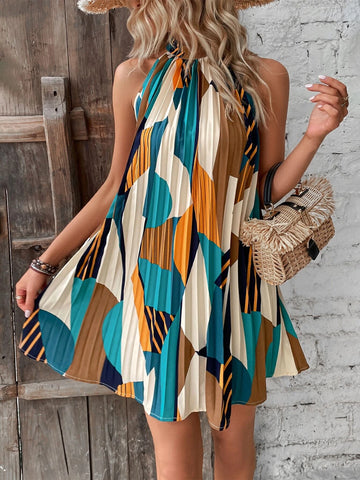 Geo Print Pleated Hem Halter Dress
