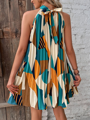 Geo Print Pleated Hem Halter Dress