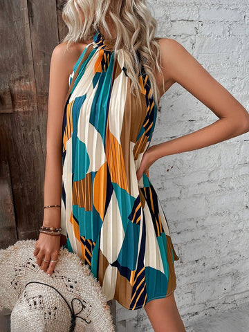 Geo Print Pleated Hem Halter Dress