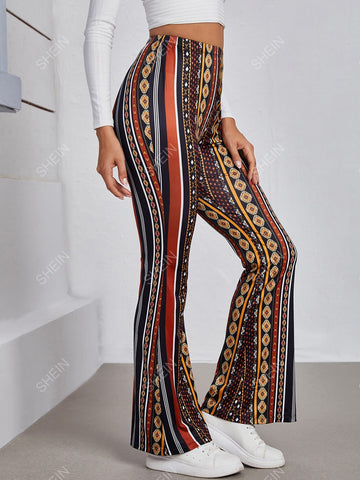 VCAY Geo & Striped Print Flare Leg Pants