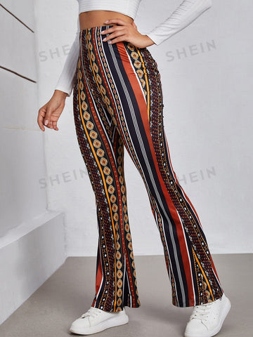 VCAY Geo & Striped Print Flare Leg Pants