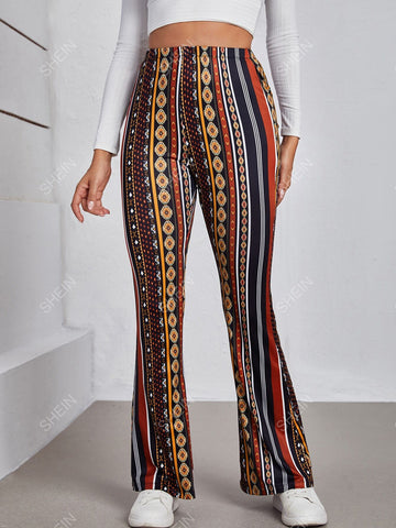 VCAY Geo & Striped Print Flare Leg Pants
