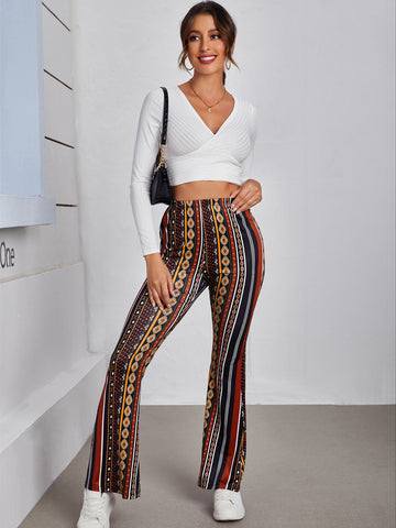 VCAY Geo & Striped Print Flare Leg Pants