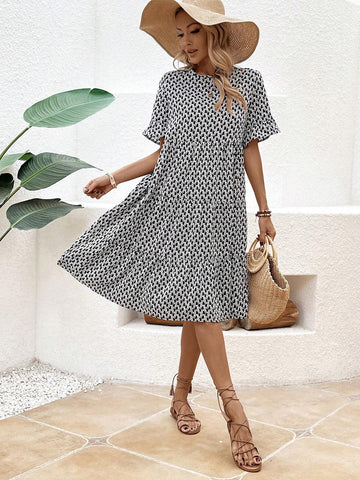 Geometric Patterned Round Neck Casual Dress With Ruffled Hem
