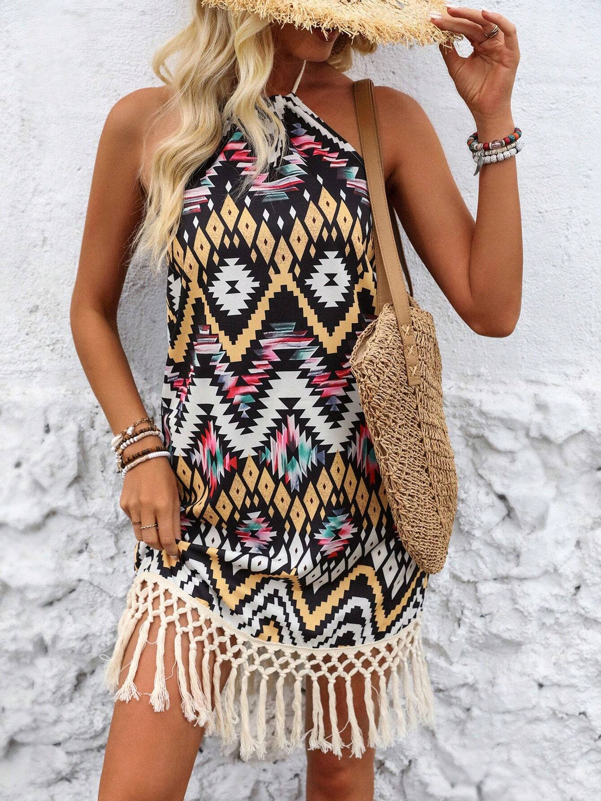 Geometric Print Halter Fringed Hem Dress