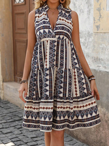 Geometric Printed V-Neck Sleeveless A-Line Dress
