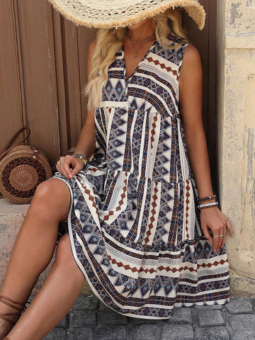 Geometric Printed V-Neck Sleeveless A-Line Dress