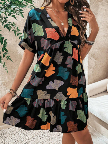 Ginkgo Leaf Print Deep V-Neck Dress With Ruffle Hem