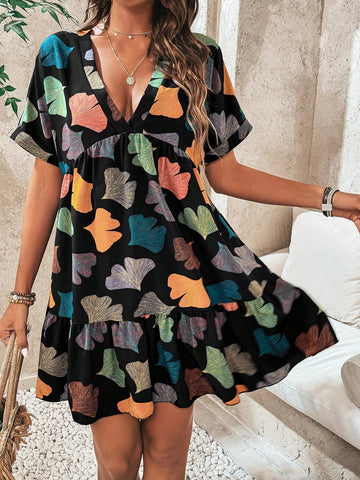 Ginkgo Leaf Print Deep V-Neck Dress With Ruffle Hem