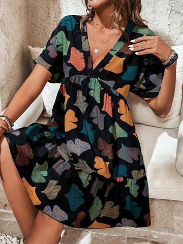Ginkgo Leaf Print Deep V-Neck Dress With Ruffle Hem