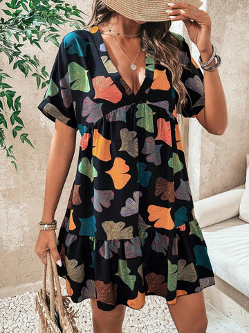 Ginkgo Leaf Print Deep V-Neck Dress With Ruffle Hem