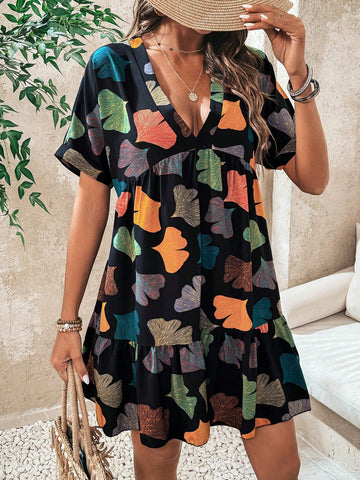 Ginkgo Leaf Print Deep V-Neck Dress With Ruffle Hem