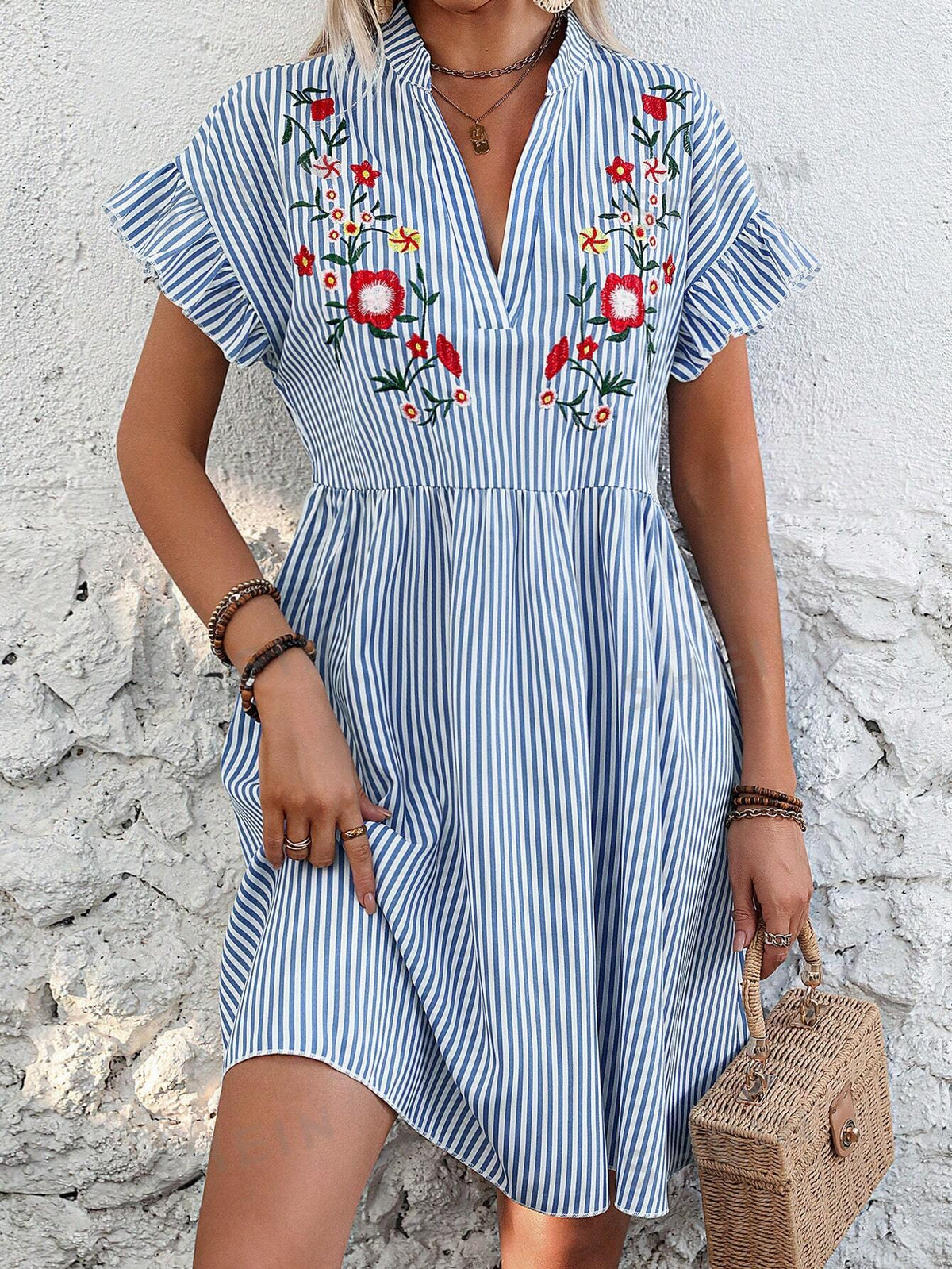 Girls' Embroidered Flower On Front, Striped Dress With Drop-Shoulder, Frilled Cuff And Waist, Casual