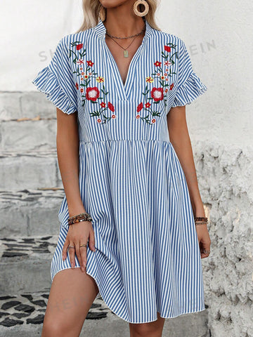 Girls' Embroidered Flower On Front, Striped Dress With Drop-Shoulder, Frilled Cuff And Waist, Casual