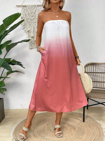 Gradient Strapless Casual Dress With Diagonal Pocket