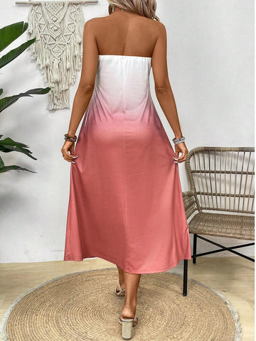 Gradient Strapless Casual Dress With Diagonal Pocket