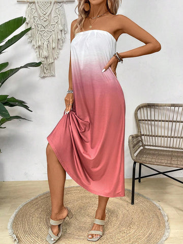 Gradient Strapless Casual Dress With Diagonal Pocket