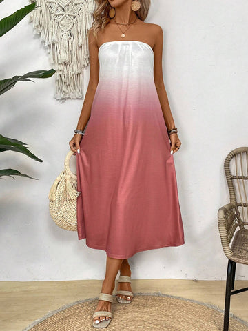 Gradient Strapless Casual Dress With Diagonal Pocket