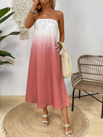 Gradient Strapless Casual Dress With Diagonal Pocket