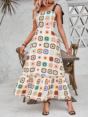 Grandma Plaid Crochet Knit Printed Strap Dress For Vacation