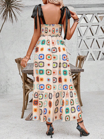 Grandma Plaid Crochet Knit Printed Strap Dress For Vacation