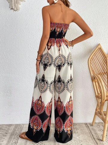 Graphic Print Tube Wide Leg Jumpsuit