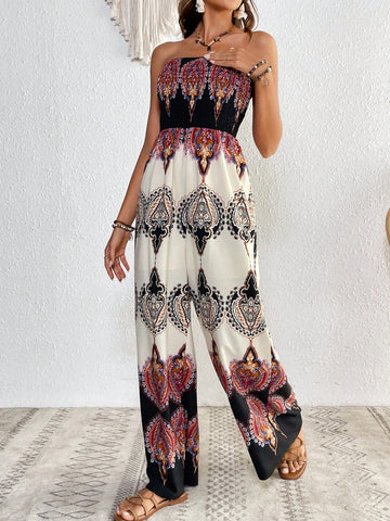 Graphic Print Tube Wide Leg Jumpsuit