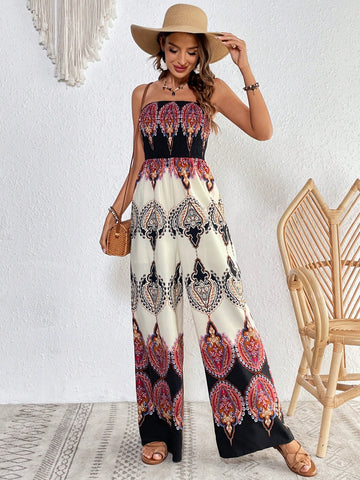 Graphic Print Tube Wide Leg Jumpsuit