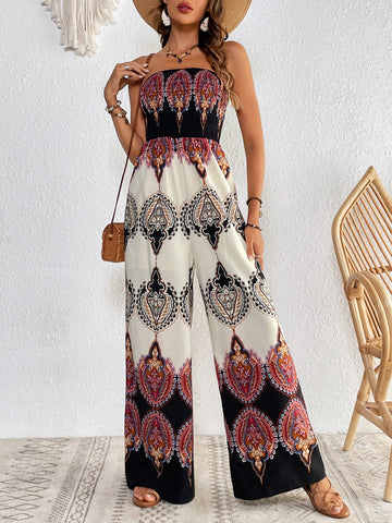Graphic Print Tube Wide Leg Jumpsuit