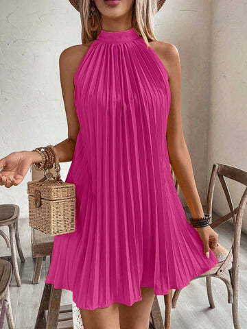 Halter Off-Shoulder  Pleated Holiday Casual Dress