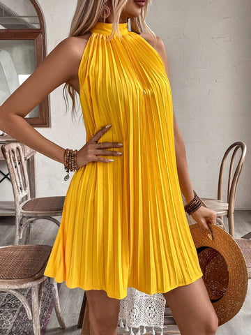 Halter Off-Shoulder  Pleated Holiday Casual Dress