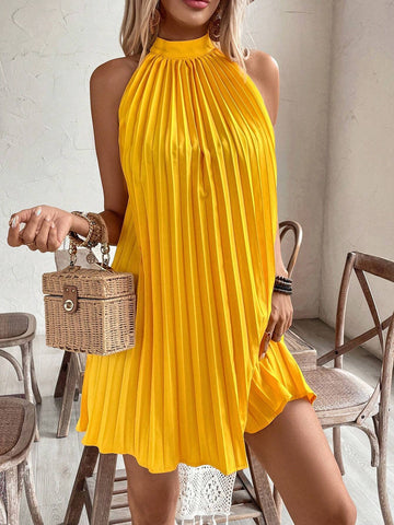Halter Off-Shoulder  Pleated Holiday Casual Dress