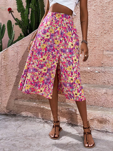 VCAY High Waist Allover Floral Print Split Thigh Skirt