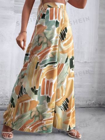 VCAY High Waist Brush Print Wide Leg Pants