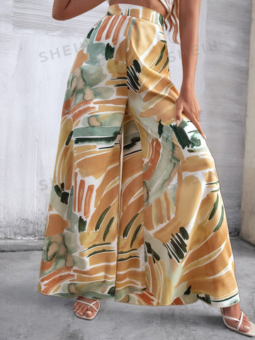 VCAY High Waist Brush Print Wide Leg Pants