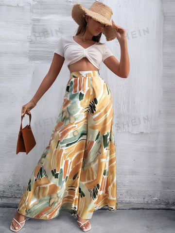 VCAY High Waist Brush Print Wide Leg Pants