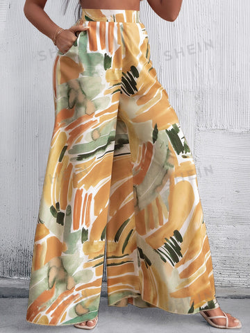 VCAY High Waist Brush Print Wide Leg Pants
