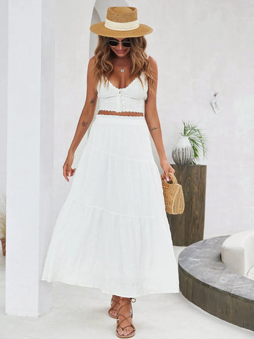 VCAY High Waist Lettuce Trim Ruffle Hem Skirt