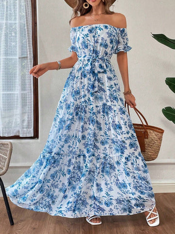 Holiday Bubble Short Sleeve Longline Cinched Off Shoulder Women Jumpsuit Dress