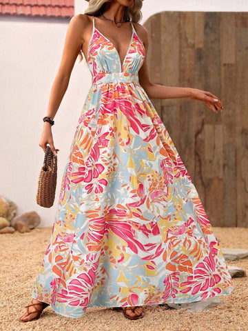 Holiday Casual Plant Printed Halter Neck Backless Dress With Drawstring Waist