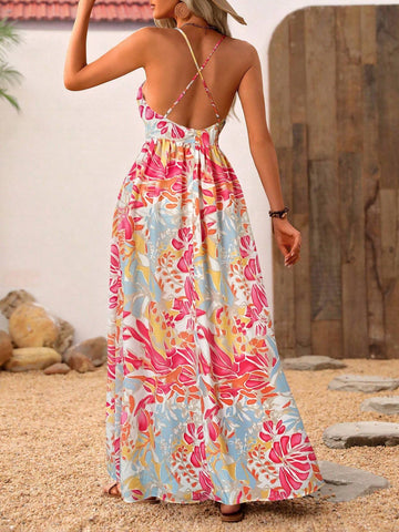 Holiday Casual Plant Printed Halter Neck Backless Dress With Drawstring Waist