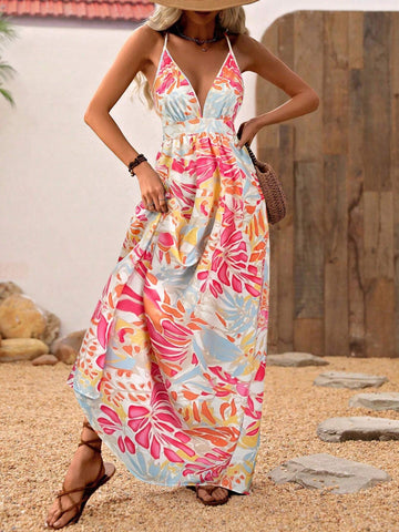 Holiday Casual Plant Printed Halter Neck Backless Dress With Drawstring Waist