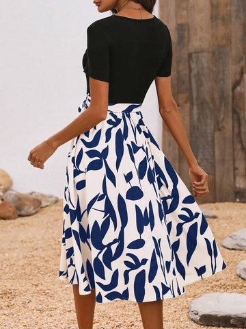 Holiday Casual Short Sleeve Dress With Plant Printed Patchwork