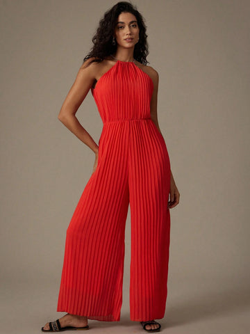 Holiday Casual Solid Color Metal Chain Decorated Chiffon Pleated Jumpsuit With Halter