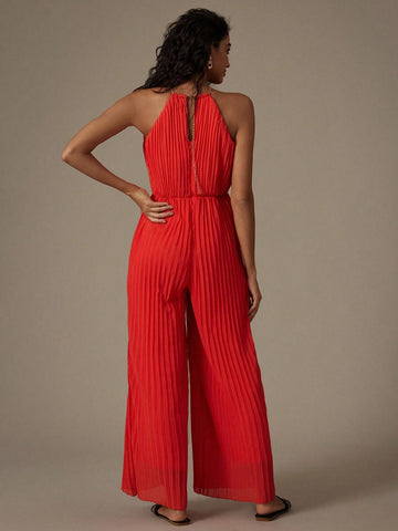 Holiday Casual Solid Color Metal Chain Decorated Chiffon Pleated Jumpsuit With Halter