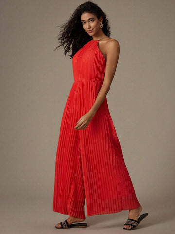 Holiday Casual Solid Color Metal Chain Decorated Chiffon Pleated Jumpsuit With Halter