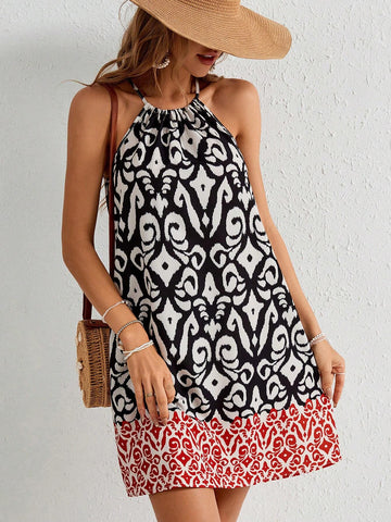 Holiday Floral Woven Fabric Square Neck Bubble Short Sleeve Slit Women's Dress