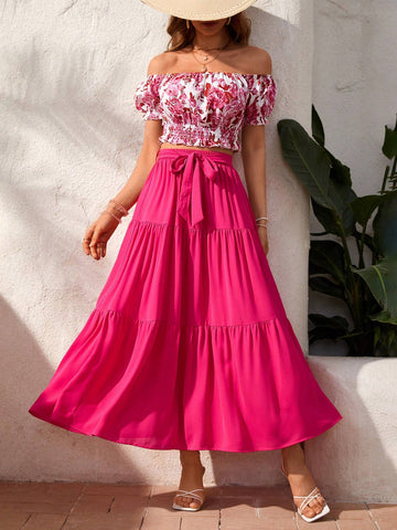 Holiday Flower Print Off Shoulder Top And Solid Color Skirt Set