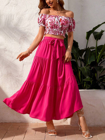 Holiday Flower Print Off Shoulder Top And Solid Color Skirt Set
