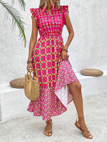 Holiday Geometric Printed Dress With Notched Neckline And Ruffled Hem